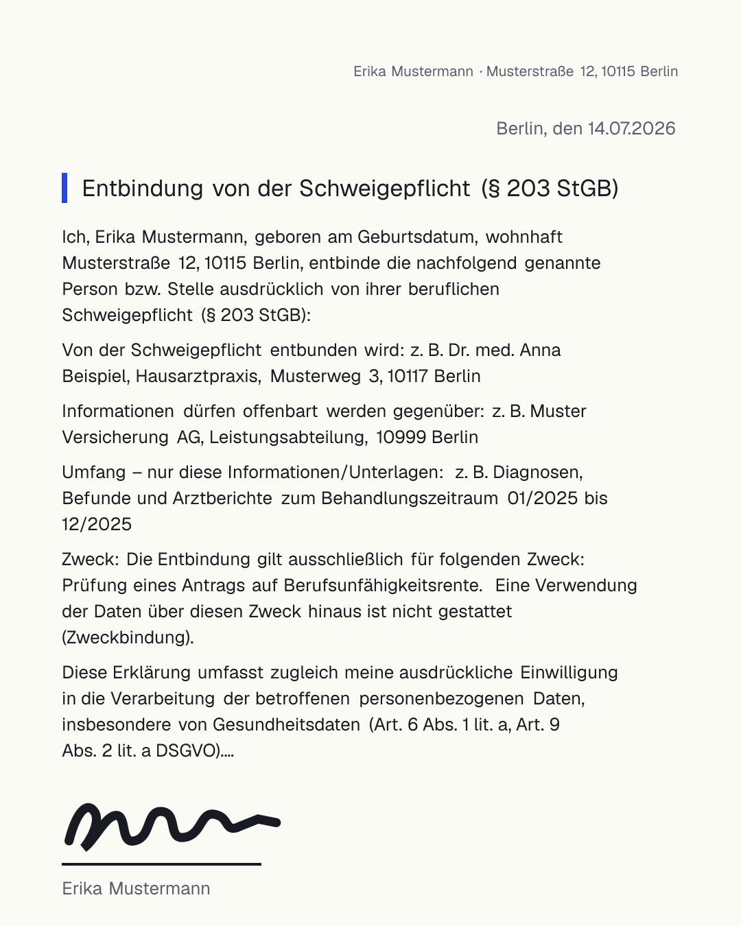 Kostenlose Vorlage zur Entbindung von der Schweigepflicht nach § 203 StGB zum Ausfüllen und Herunterladen als PDF und Word – mit Feldern für Empfänger, Umfang, Zweck und Unterschrift