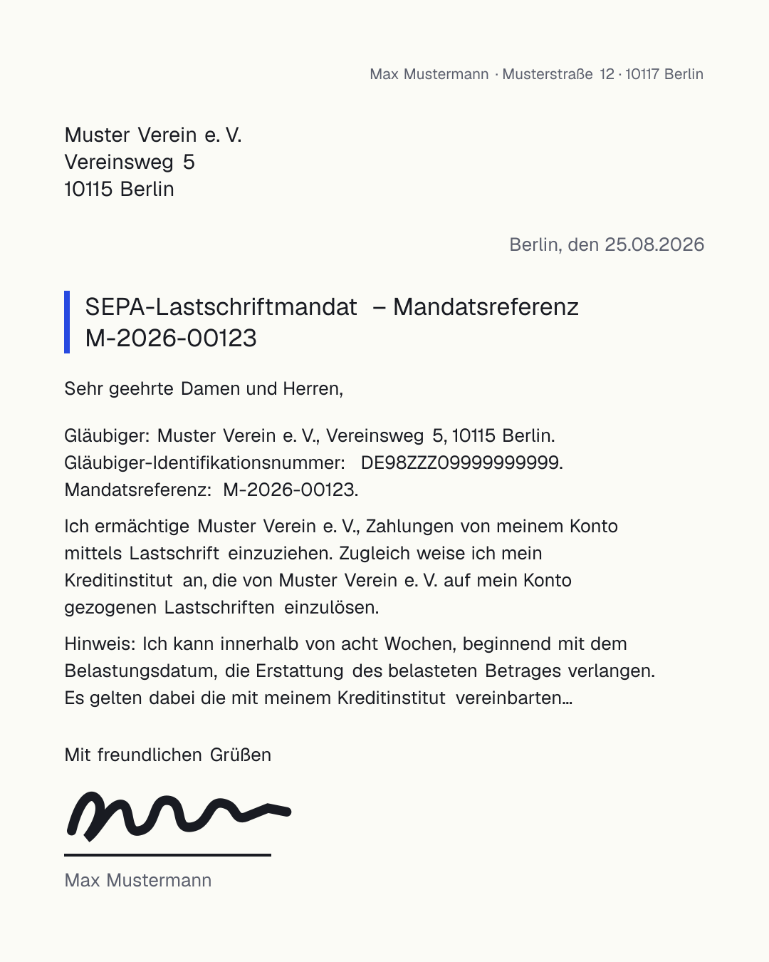 SEPA-Lastschriftmandat Vorlage zum kostenlosen Ausfüllen mit Gläubiger-ID, Mandatsreferenz, IBAN und Hinweis auf die 8-wöchige Erstattungsfrist