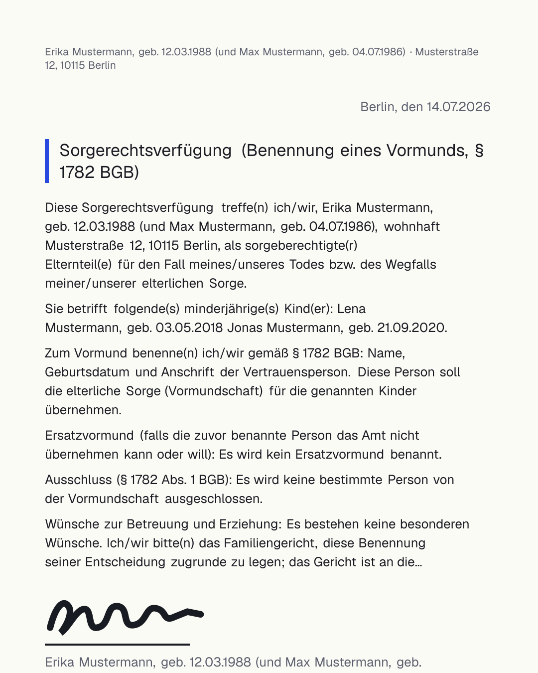 Kostenlose Sorgerechtsverfügung als Vorlage zum Ausfüllen und Herunterladen als PDF – Benennung eines Vormunds nach § 1782 BGB, besonders für Alleinerziehende