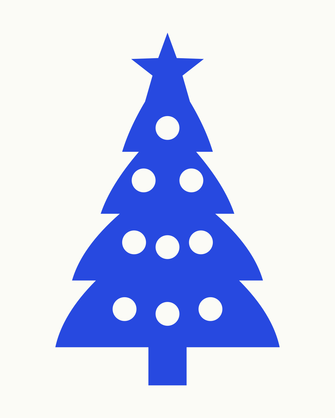 Tannenbaum Vorlage zum Ausdrucken und Ausschneiden – Tannen-Schablone mit Stern auf der Spitze, vier Astetagen, Stamm und neun runden Kugel-Aussparungen, dazu eine schlichte Tannenkontur zum Aussägen, mit Zentimeter-Größenangabe