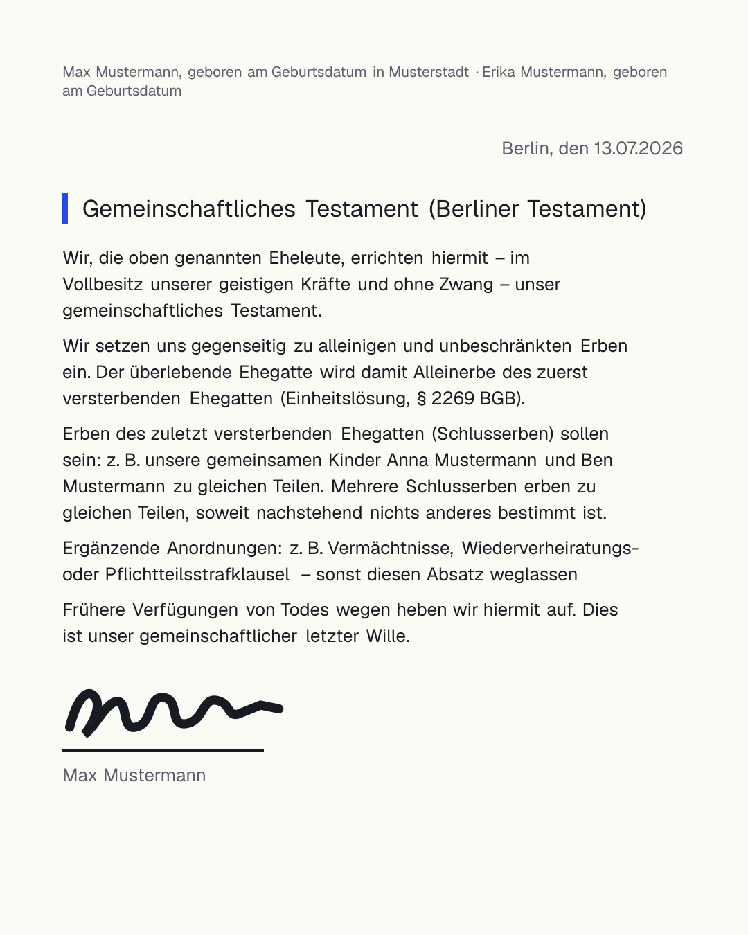 Berliner Testament Vorlage – kostenloser Mustertext zum handschriftlichen Abschreiben nach § 2247 & § 2267 BGB