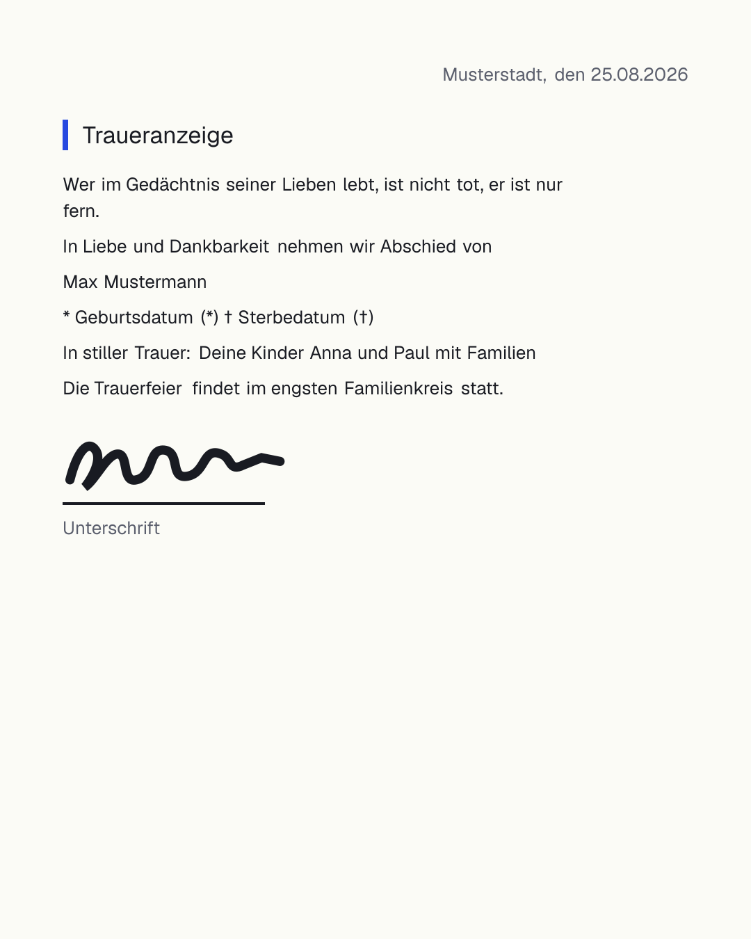 Traueranzeige Vorlage zum kostenlosen Ausfüllen und Ausdrucken als PDF – würdevolles Muster mit Trauerspruch, Lebensdaten und Hinweis zur Trauerfeier