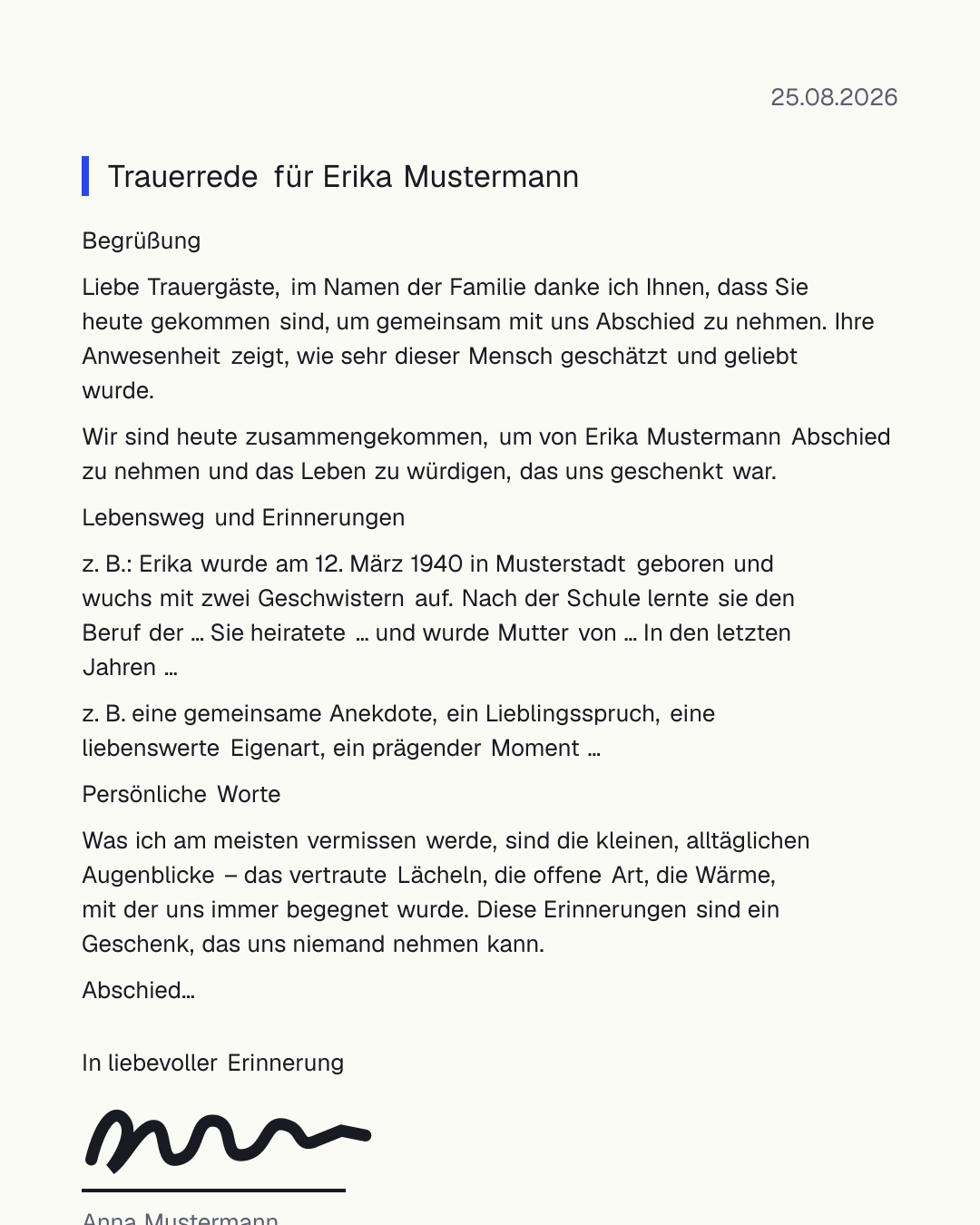 Trauerrede Vorlage zum kostenlosen Ausfüllen – Muster mit Aufbau, Textbausteinen und Beispielen für die Trauerfeier