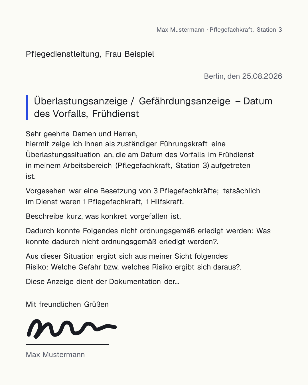 Überlastungsanzeige Vorlage zum kostenlosen Ausfüllen mit Schicht, Soll-/Ist-Besetzung und Risikobeschreibung
