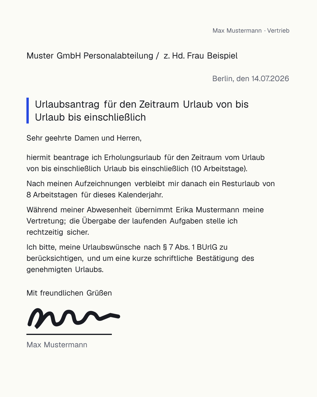 Kostenlose Urlaubsantrag-Vorlage zum Ausfüllen als PDF und Word – Antrag an den Arbeitgeber mit Zeitraum, Anzahl Urlaubstage, Resturlaub und Vertretung