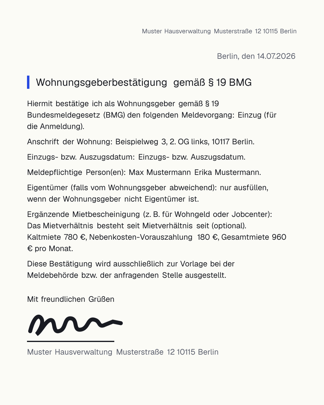 Vermieterbescheinigung und Wohnungsgeberbestätigung nach § 19 BMG als Vorlage zum kostenlosen Ausfüllen als PDF und Word