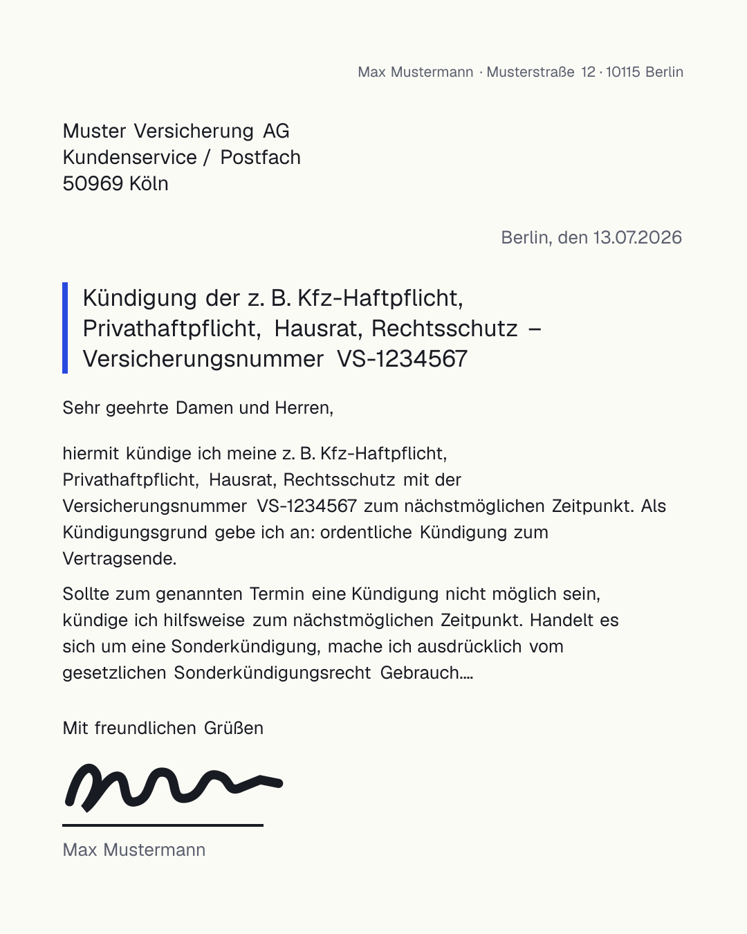 Kostenlose Vorlage zum Versicherung kündigen als PDF-Kündigungsschreiben für Kfz-, Haftpflicht-, Hausrat- und Rechtsschutzversicherung