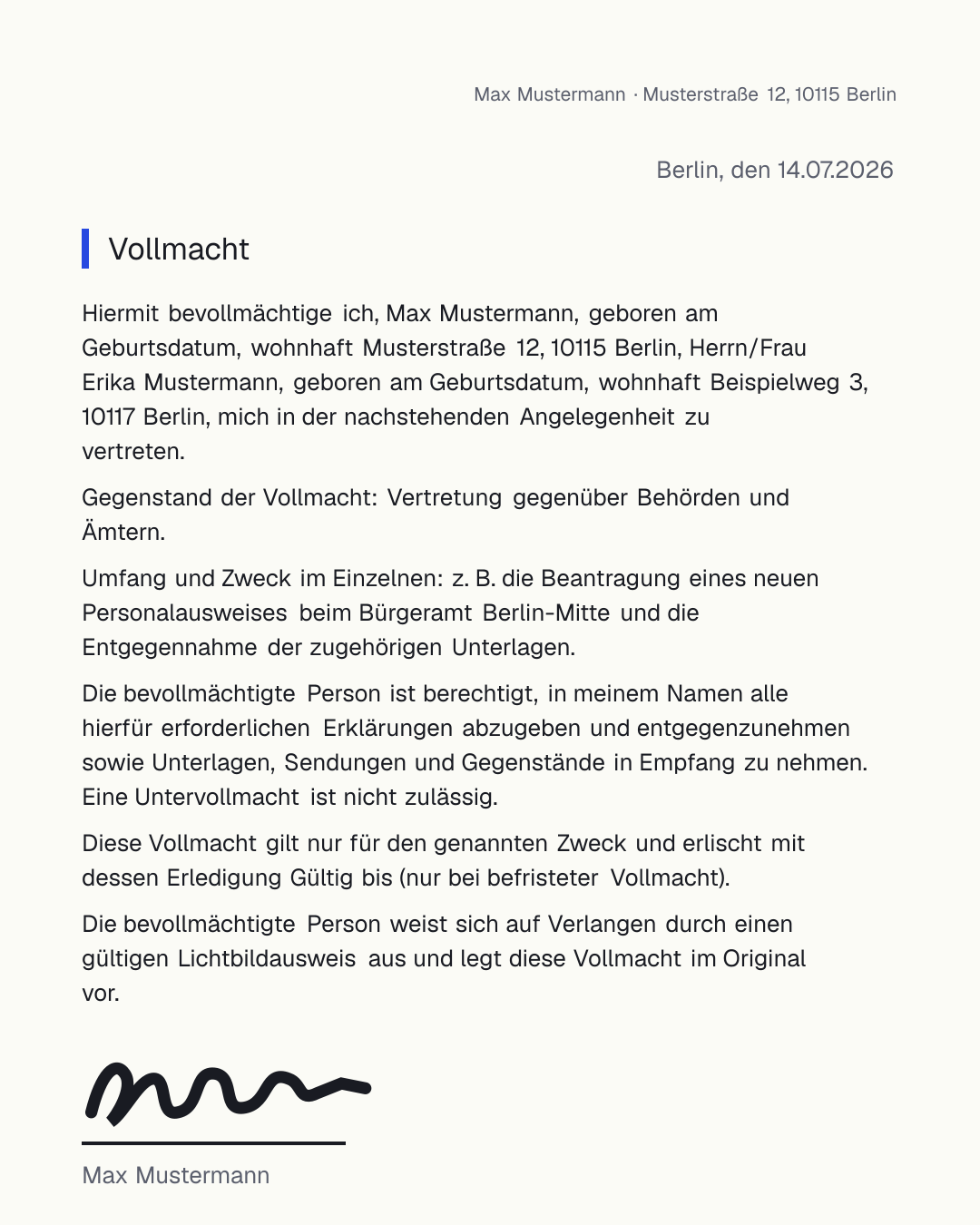 Vollmacht Vorlage zum kostenlosen Ausfüllen und Herunterladen als PDF und Word – einfache Vollmacht für Behörde, Post und Bank mit Unterschrift