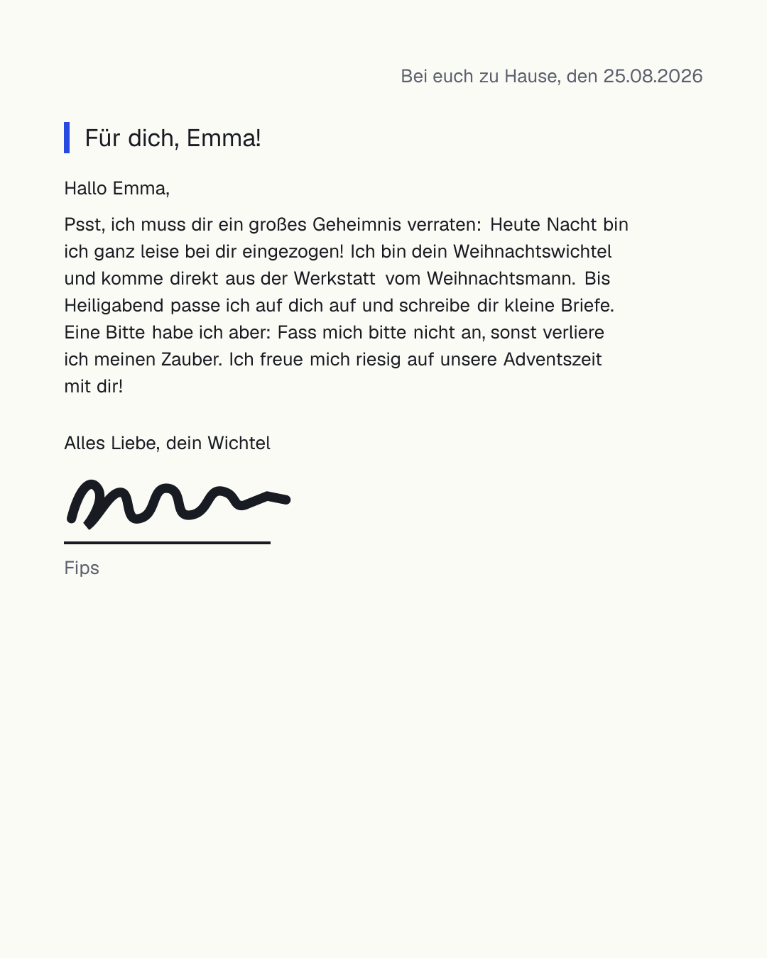 Kostenlose Wichtelbrief-Vorlage zum Ausfüllen und Ausdrucken als PDF – liebevoller Brief vom Weihnachtswichtel mit dem Namen des Kindes