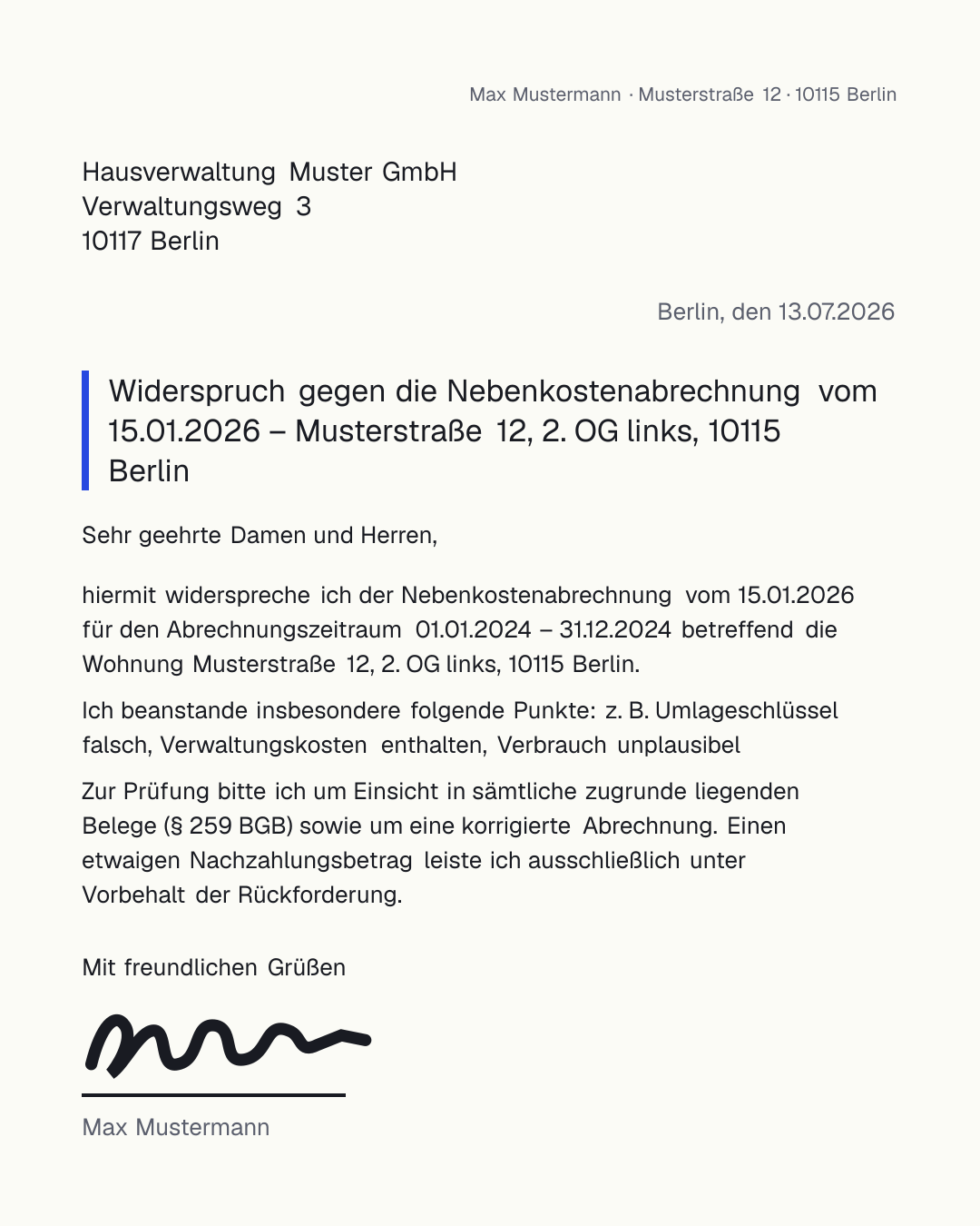 Musterbrief für den Widerspruch gegen die Nebenkostenabrechnung – kostenlose Vorlage zum Ausfüllen