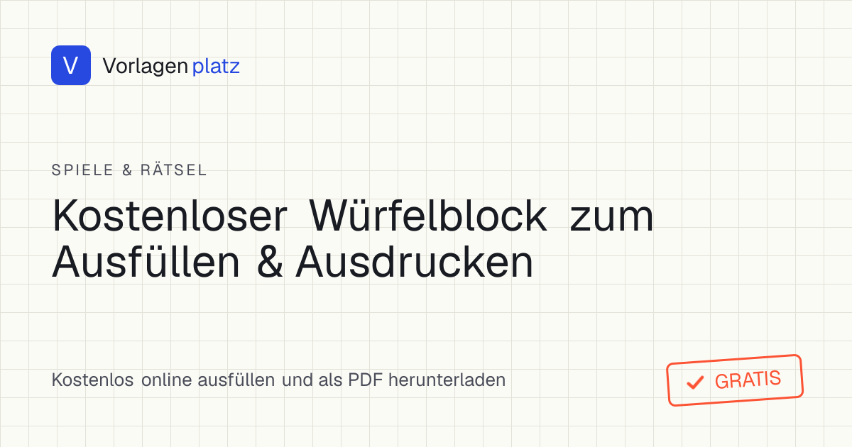 Würfelblock Vorlage zum kostenlosen Ausdrucken – Punkteblock für das Würfelspiel mit fünf Würfeln (Kniffel-Stil)