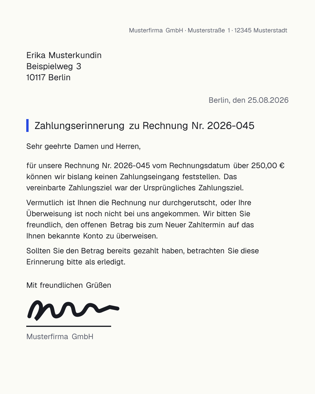 Zahlungserinnerung Vorlage zum kostenlosen Ausfüllen und Herunterladen als PDF und Word – freundlicher Hinweis auf eine offene Rechnung